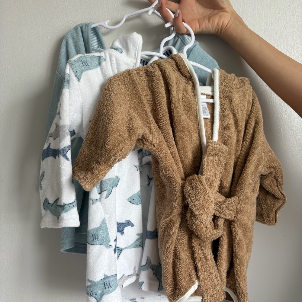 3 Baby Bathrobe Set - Shark Print and Brown size 0-9 M